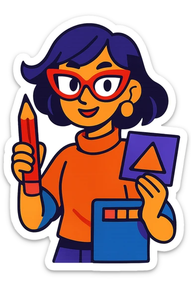 designer girl with medium hair, wearing cat-eyed glasses, vibrant cartoon style, creative sticker