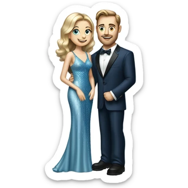 caucasian woman, in long slim pastel blue formal party satin dress with gradient shiny sparkling navy blue diamonds embroidered, full body full figure , and caucasian man in black dres on his knees asks her to marry her sticker
