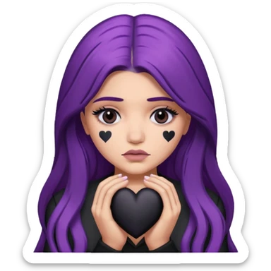 A Kylie Jenner with long purple hair is sad and holds a black heart in her hands sticker