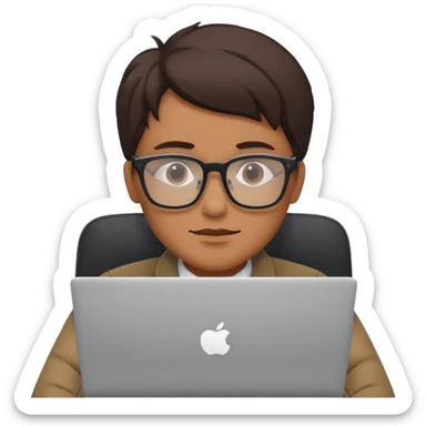 designer with tan skin and square glasses using a laptop sticker