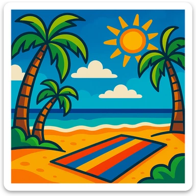 sunny beach scene with palm trees and a towel, vibrant cartoon style sticker