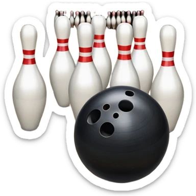 A bowling ball rolling down the lane towards a set of pins, with the pins poised to fall. The scene is set in a bowling alley with bright lights and a polished wooden floor, capturing the excitement and precision of the sport. sticker