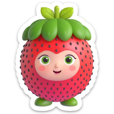3D super cute strawberry person, chubby round strawberry head, green leaves on top, big shiny eyes, soft pastel colors, tiny seeds on face, only facial expressions sticker
