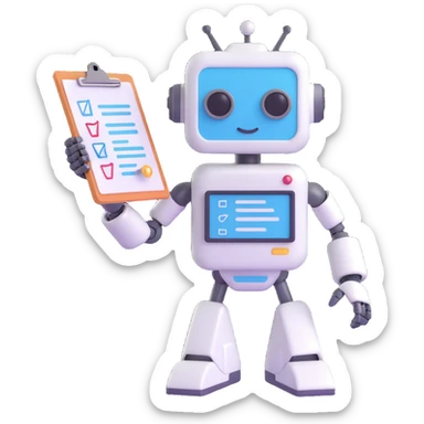 3D emoji style robot or AI character holding a clipboard, surrounded by floating icons representing different people, tasks, and learning paths, with sparkles showing customization and personal touch, conveying hyper-personalisation in workflows, learning, and assignments sticker