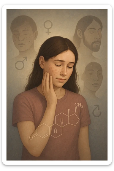 A young woman is surrounded by faint overlays of hormonal symbols and androgen molecules, with shadowy images of acne, facial hair, and oily skin projected around her, symbolizing the symptoms of PCOS with androgen excess. She looks down, gently touching her face with a resigned but hopeful expression, symbolizing her journey toward managing these symptoms. sticker