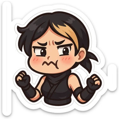 Sexy chibi ninja girl with black short hair and a blonde streak, only head and arms, colorful chibi style with bold outlines, transparent background, no mask, 'ew' expression with cheeks puffed, eyebrows raised, and mouth in a zigzag, sized for Twitch emoji use. sticker