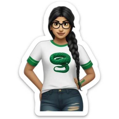 Mia Khalifa black braid white tshirt green sleeves slytherin logo sticker