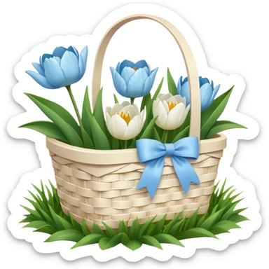 A white Picnic basket with pastel blue bow, white peonie, tulips sticker