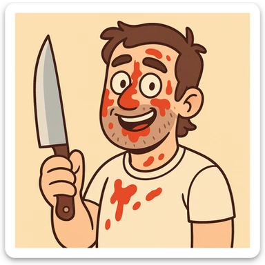 stylized man holding a knife, ketchup smeared on face, friendly expression, non-threatening mood, bright background sticker