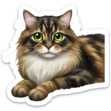 Long hair tortie cat with green eyes laying on a sheep skin throw sticker