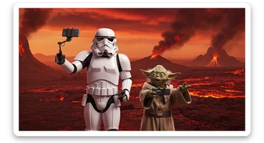 Starwars stormtroopers vlogging selfie, he is walking on lava planet with yoda sticker