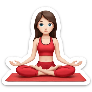 Brunette long hair and blue blue eyes yoga beautiful girl in bright red  clothes sitting on a yoga mat sticker