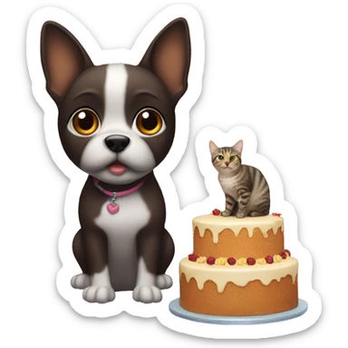 different pets are sitting nearby, there is a cake in front of them sticker