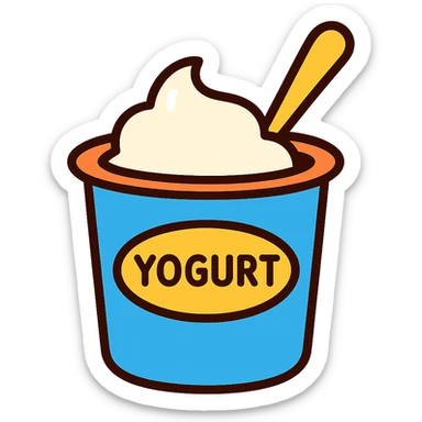 yogurt with a spoon, playful and friendly look, simple and clear sticker