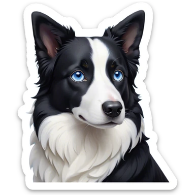 Cinematic Noble Black and White Border Collie Portrait Emoji, Poised and regal, with a lean, athletic build and a sleek, well-groomed black and white coat, piercing blue eyes, Simplified yet sharp and sophisticated features, highly detailed, glowing with a soft, dignified glow, high shine, intelligent and agile, stylized with an air of precision, focused and attentive, soft glowing outline, capturing the essence of a watchful and determined herder, so majestic it feels as though it could sprint out of the screen with effortless authority! sticker