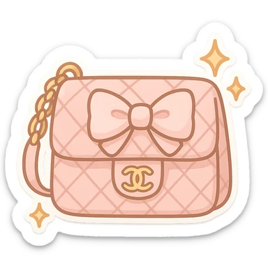 a cute and exaggerated chibi stickers style Chanel purse with a bow and sparkles sticker
