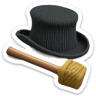 a knit top hat with knack on top of hat and a hammer on a trap sticker