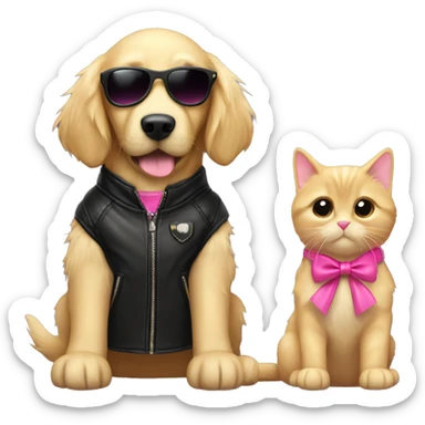 Small golden retriever wearing a pink bow next to a black cat in a leather jacket wearing sunglasses  sticker