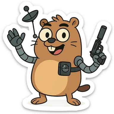 cheerful gopher with robotic arms and spy gadgets, animated look, cartoon style sticker