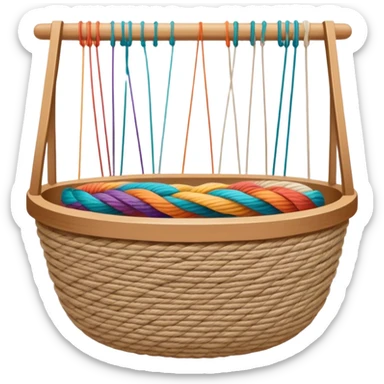 Weaving icon, various types of weaving such as basket weaving, macramé, and loom weaving, showing intertwined threads or ropes, weaving tools like shuttle, crochet hook, and loom, minimalistic style, clean lines, transparent background. sticker