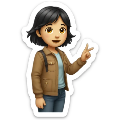 small girl with dark hair pointing her finger up from behind sticker