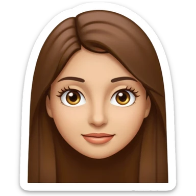emoji style face of a woman with long straight brown hair, brown eyes, thick eyelashes, light olive skin tone, slightly smiling sticker