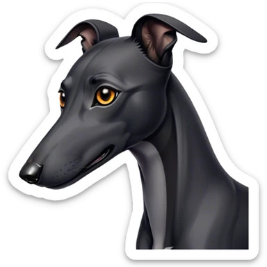 Cinematic Noble Black Greyhound Portrait Emoji, Poised and regal, with a lean, graceful build and a sleek, jet-black Fur, deep-set soulful dark eyes, Simplified yet sharp and sophisticated features, highly detailed, glowing with a soft, dignified glow, high shine, intelligent and swift, stylized with an air of elegance, focused and attentive, soft glowing outline, capturing the essence of a watchful and commanding racer, so majestic it feels as though it could sprint out of the screen with effortless authority! sticker