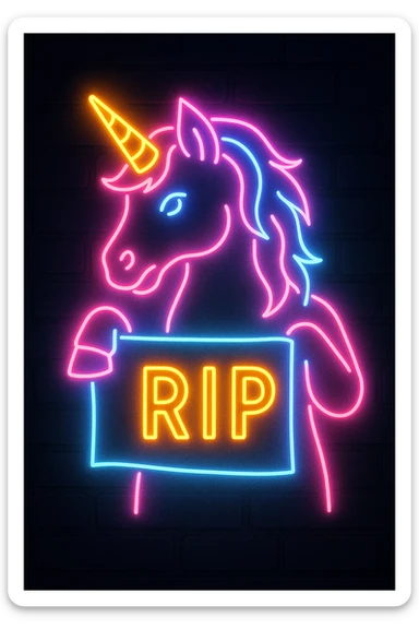 neon unicorn holding a RIP banner, retro 80s neon sign style, glowing effect, dark backdrop sticker