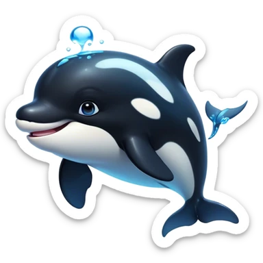 Cinematic Cute orca Portrait Emoji, Head tilted playfully and inquisitively, featuring a smoothly rounded body with bright, sparkling eyes and an adorable, friendly smile, Simplified yet irresistibly adorable features, highly detailed, glowing with a warm, ocean-blue glow, high shine, affectionate and lively, stylized with a touch of whimsical aquatic charm, soft glowing outline, capturing the essence of a mischievous yet endearing orca that seems as if it could leap right into your heart! sticker