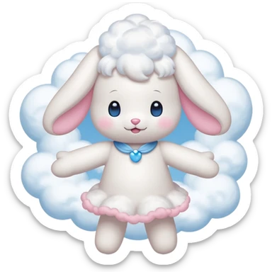 Cinnamon roll from sanrio dancing in the clouds that looks just like him from the cartoon blue eyes pink cheeks white body and filled with cuteness sticker