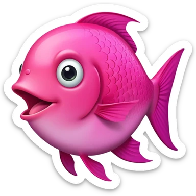 extremely derpy bright pink fish in perfect side profile facing right, wide surprised eye, big open mouth with visible tongue, stupid gaping expression, flat 2D side view only sticker