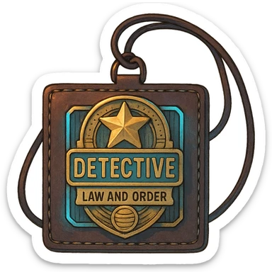 a detective badge, law and order. cyberpunk futuristic, square leather neck worn sticker