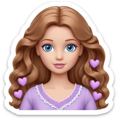 There are grey hearts all around Barbie girl Chestnut long wavy hair and blue eyes is In pale purple clothes sticker
