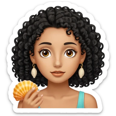 Tanned face with sea-salt longer black curls and a freckled nose, long full eyelashes, seashell hair clips sticker