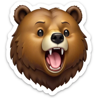 Cinematic Cute Yawning Grizzly Bear Portrait Emoji, Head tilted slightly with a dramatic, wide-open yawn, showcasing a thick, rugged deep brown fur with drooping ears, round eyes barely open in drowsy contentment, Simplified yet irresistibly adorable features, highly detailed, glowing with a soft, cozy glow, high shine, relaxed yet expressive, stylized with a touch of wild whimsy, bright and endearing, soft glowing outline, capturing the essence of a sleepy yet affectionate grizzly, so drowsy it feels like it could stretch out of the screen and curl up for a nap! sticker