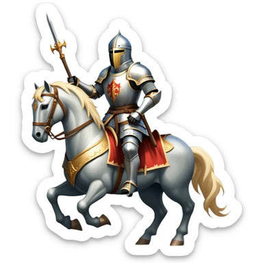 An icon representing an adventure game, inspired by medieval fantasy worlds. The design features a noble knight in gleaming armor, riding a powerful warhorse through a misty battlefield. The backdrop includes towering castles and banners flying in the wind, evoking a sense of honor, duty, and epic quests. Transparent background. sticker