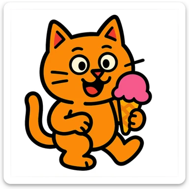 cartoonish cat with an ice cream cone, vibrant cartoon style sticker