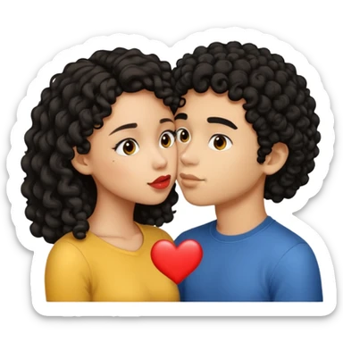 a light skin girl with medium black curly hair and a light brown boy with medium length black hair kissing emoji sticker