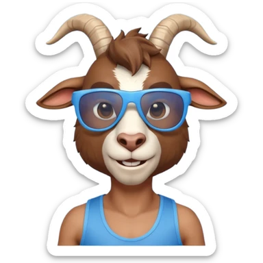 3D cartoon goat man portrait, head and shoulders, brown fur, small horns, blue reflective sunglasses, slight smile, tank top, soft lighting, centered, clean background, no text, no watermark
 sticker