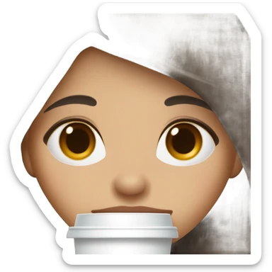 A girl with brown hair with dark gray highlights, fair skin, long, soft, beautiful hair, soft lips, brown eyes, drinking coffee, and a small nose. sticker
