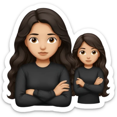 Hispanic girl dark long wavy hair crossing her arms with slight pout wearing a black long sleeve shirt sticker
