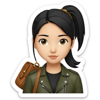 A girl with a pony tail black hair and olive ish skin, Asian eyes, with a black jacket and a brown purse  sticker