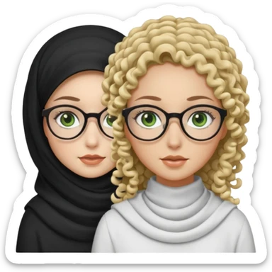 White hijabi girl with black eyes and black long hair white girl and black eyes wearing glasses and a white skin girl with curly honey hair and green eyes sticker