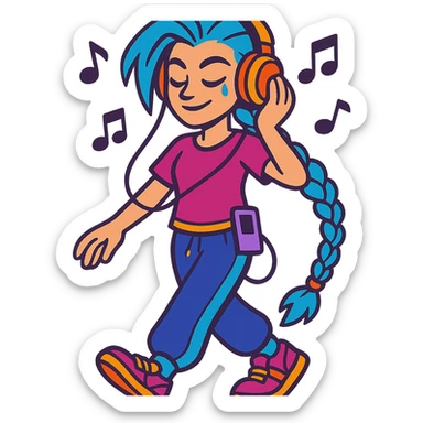 Jinx from Arcane in everyday life, sportswear, listening to music with headphones, vibrant toon style sticker