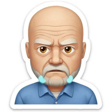 a portrait of angry elderly man, bald head, beard, wearing shirt sticker
