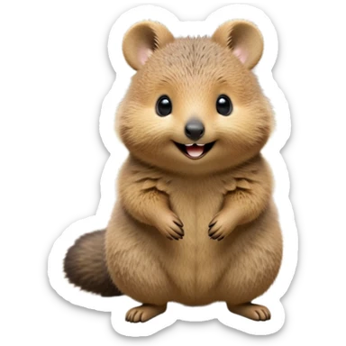 cinematic-quokka-realistic-full-body-standing on its hind legs hunched over-emoji,-small-round-frame-balanced-on-tiny-strong-hind-legs,giant fluffy cheeks large smile-fluffy-brown-fur-radiating-a-warm-softness skinny tail, ,-big-round-eyes-filled-with-joy-and-innocence,-tiny-clawed-paws-held-close-to-chest,-cheerful-smile-exuding-endearing-happiness,-simplified-yet-realistic-focused-features,-highly-detailed,-glowing-with-a-sunny-warmth, expressive eyes  sticker
