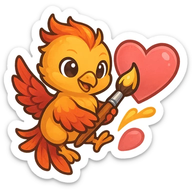 A phoenix holding a brush, painting inside a heart emoji, detailed and vibrant colors, cute and positive composition sticker