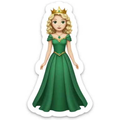 Queen, crown, blonde wavy hair, green eyes, long green narrpw dress, whole Body, sticker