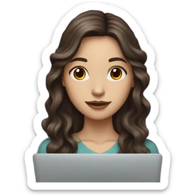 white girl with dark brown wavy long hair and apple laptop sticker