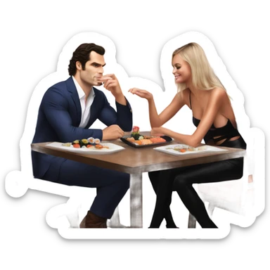 realistic photo of Henry Cavill with a beautiful  victoria secret model on a sushi date sticker